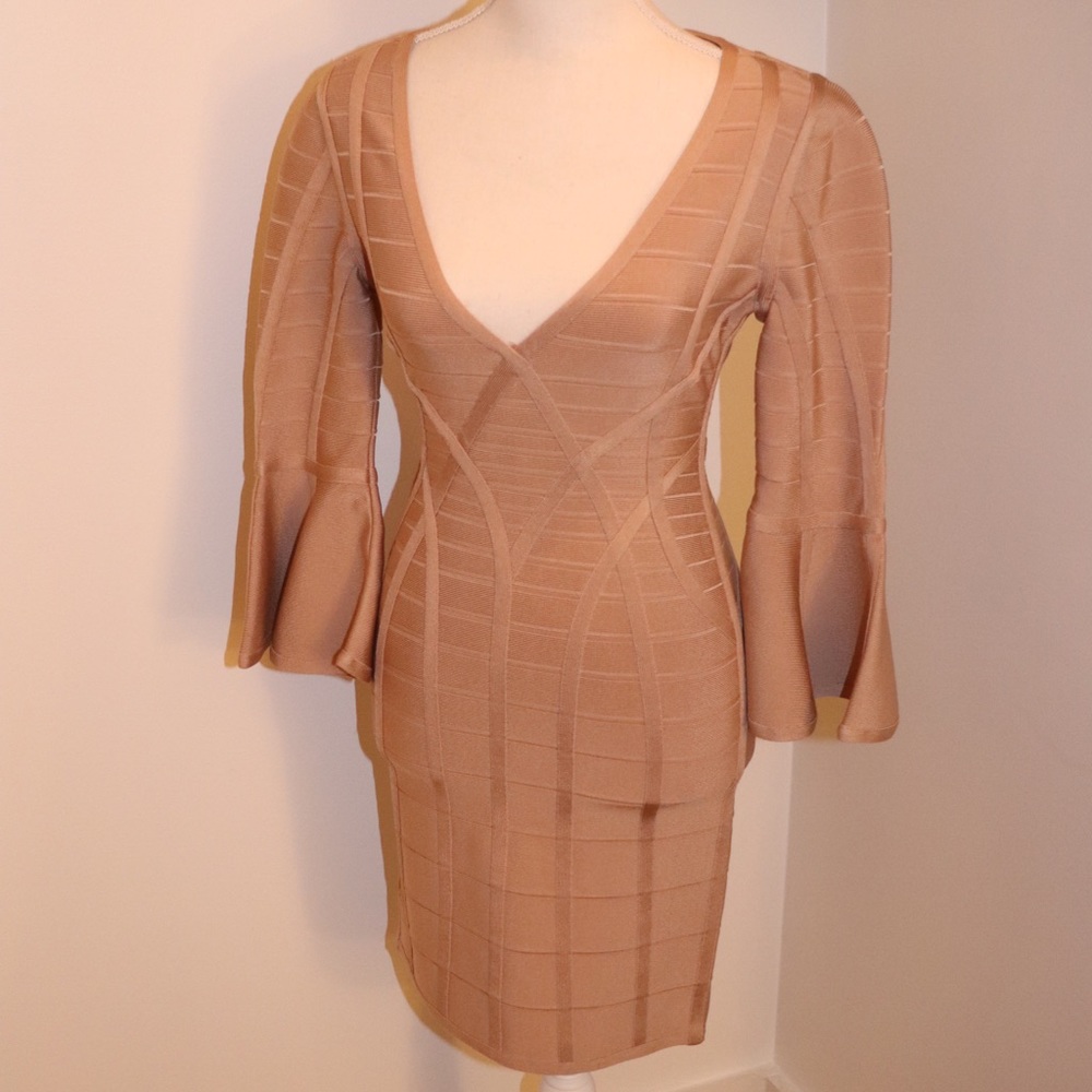 Long bell-sleeved Herve Leger bandage dress